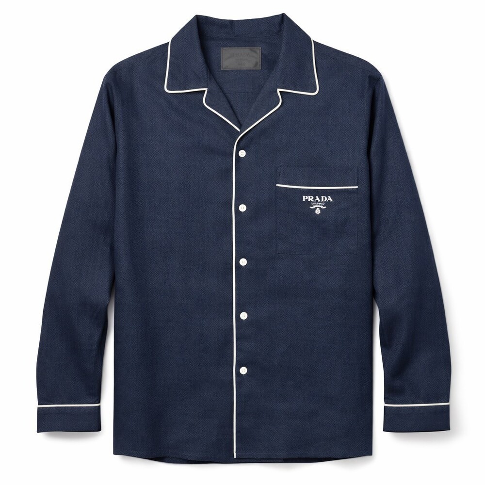 Prada Mens Navy Blue 100% Linen Logo Shirt Large Made Italy long sleeve